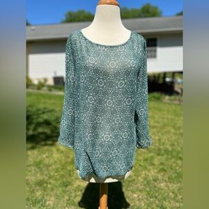 NWT ANN TAYLOR LOFT Top Teal White Boho Abstract Pullover Blouse
